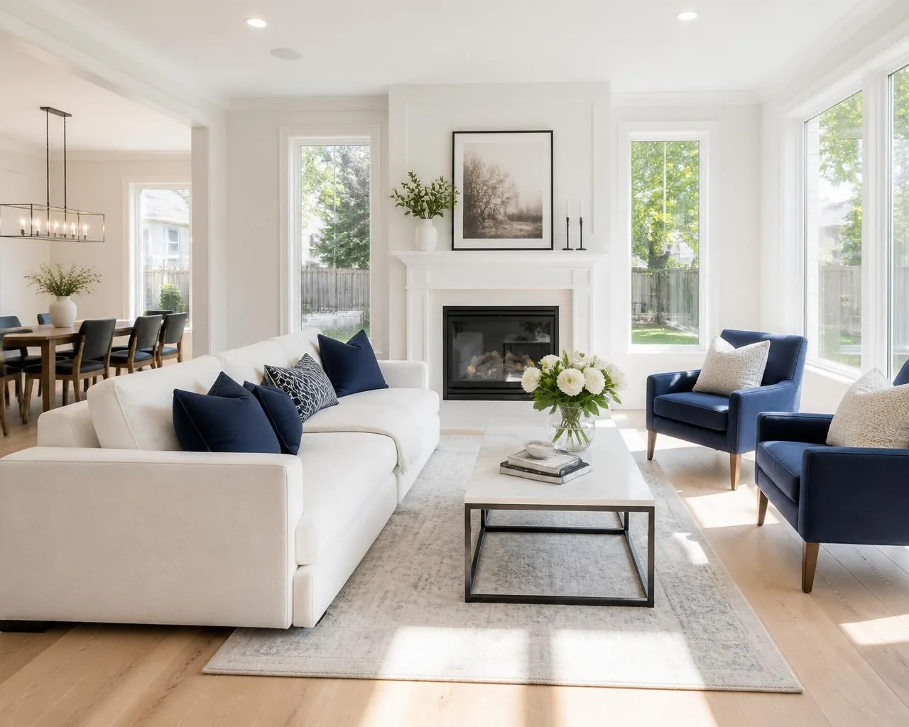 A bright, freshly cleaned Columbus living room with white sofa and navy armchairs